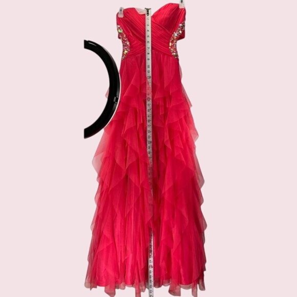 Masquerade coral color Strapless Ruffled Gown With Rhinestones Size 1/2 Prom Dre - Picture 2 of 15